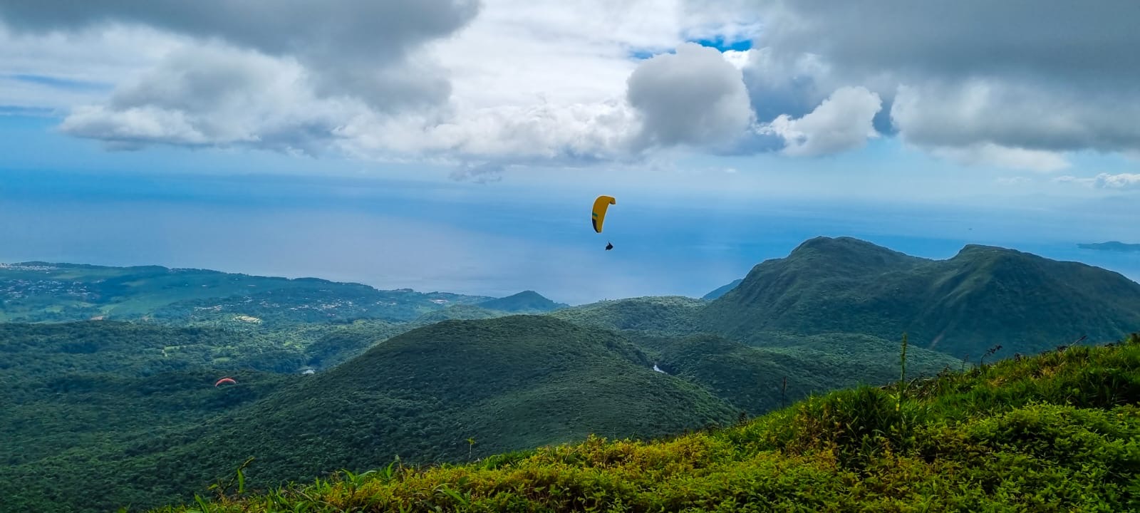 Pilote en parapente au-dessus d’un paysage côtier verdoyant